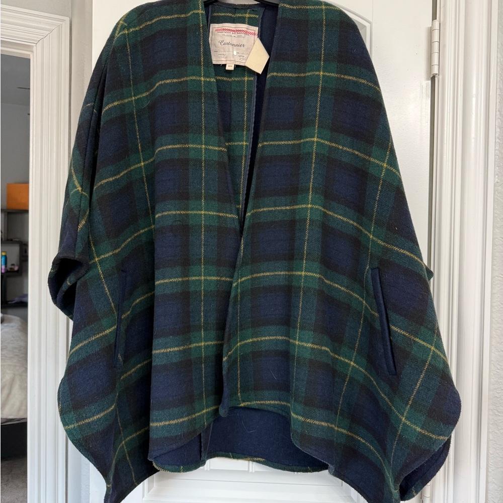Anthropologie Cartonnier Wool Blue and Green Plaid Cape Shawl xs/s